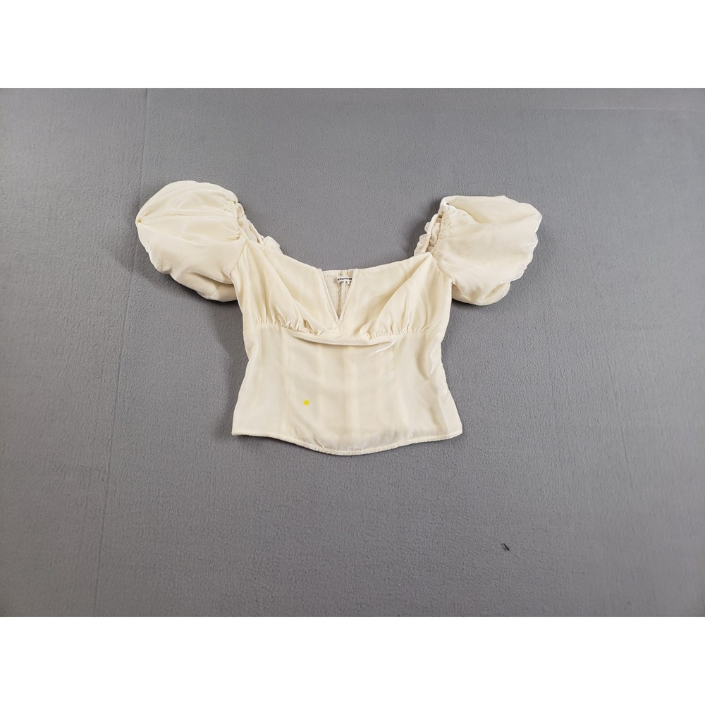 Reformation Women Blouse Top 6 Beige Puff Sleeve V Neck Cropped Summer Beach